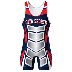 Men Navy Blue Red Sublimated Wrestling Singlet Polyester <b>Athletic</b> Sports Uniform Sleeveless Competition Training Match Wear - Product Image 2