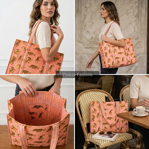 Bolso Tote Grande de Algodón Acolchado con Estampado de Tigre Rosa, Bolso de Hombro para Mujer, Venta al Por Mayor - Product Image 2