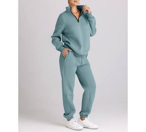 Women's Light Blue Half-<b>Zip</b> Tracksuit Set Full Sleeve Solid Color Casual Sweatshirt And Pants With Side Pockets Autumn Wear - Product Image 1