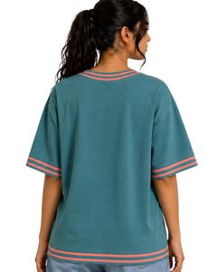 Teal Coral Stripe Women Oversized T Shirt Casual Crew Neck Short Sleeve Loose Fit Soft Breathable Summer Streetwear <b>Top</b> - Product Image 2