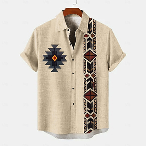 Premium Men Casual Button <b>Down</b> T- Shirt Ethnic Tribal Print Linen Fashion Hawaiian Breathable Cotton Loose Fit Vintage Retro - Product Image 2