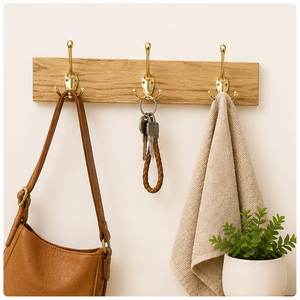 Heavy Duty Solid <b>Wood</b> Wall Mounted <b>Coat</b> Rack with 3 Triple Metal <b>Hooks</b> Premium Polished Brass Finishes for Bathroom Organization - Product Image 6