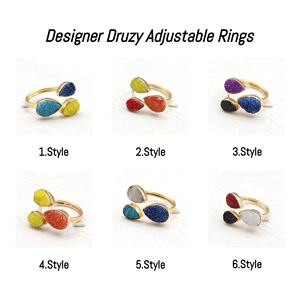 Bague en pierre précieuse Druzy rouge réglable à la main à la mode Agate blanche et noire naturelle Druzy plaqué or anneaux de poire - Product Image 2