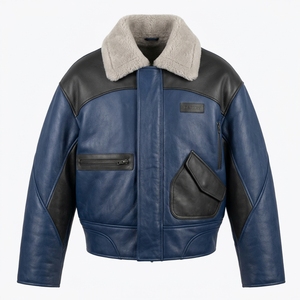 Navy Blue Black Contrast <b>Mens</b> Genuine <b>Shearling</b> Leather Jacket Plush Grey Wool Collar Aviator Flight Pilot Bomber <b>Coat</b> Outerwear - Product Image 1