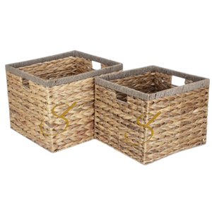 Set of 2 Square Water Hyacinth <b>Storage</b> <b>Baskets</b> with Grey <b>Rope</b> Border - Product Image 2
