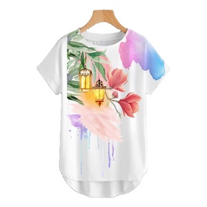 Muestra gratis OEM/ODM Vintage mujer Casual manga corta poliéster Floral adornado ligero estiramiento verano mujeres Tops camiseta - Product Image 1