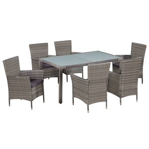 Ensemble de salle à manger gris en rotin PE, verre et acier thermolaqué, avec accents en polyester - Product Image 1