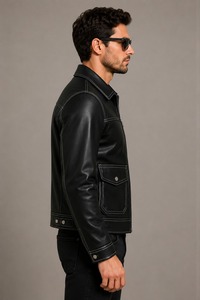 Veste en cuir véritable noire pour homme avec surpiqûres contrastantes blanches, fermeture éclair classique, style motard décontracté, respirante, en cuir de vachette premium pour l'hiver - Product Image 3