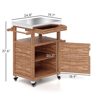 Carrello da Cucina con Piano in Acciaio Inossidabile, Isola in Legno Marrone e Maniglia Laterale con Ruote - Product Image 3