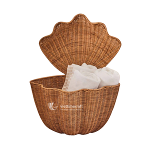 Classic Shell Shaped Wicker Storage <b>Basket</b> <b>Lid</b> Handwoven Rattan Eco-Friendly Organizer Woven Hamper for Nursery Bathroom Home - Product Image 1
