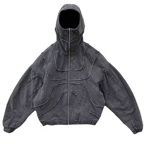 Vente en gros – Nouvelle collection hiver : Sweat à capuche zippé pour homme en molleton bouclette 100 % coton, avec logo brodé, strass et effet délavé vintage, style streetwear. - Product Image 4