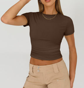 Camiseta de algodón lisa para mujer, suave, informal, transpirable, de manga corta, para verano, con logo personalizado, a la moda. - Product Image 4