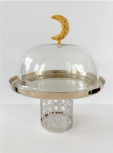 Soporte de lujo para tartas con cúpula de cristal, mango de metal con forma de luna creciente dorada y pedestal para exhibir postres. - Product Image 5
