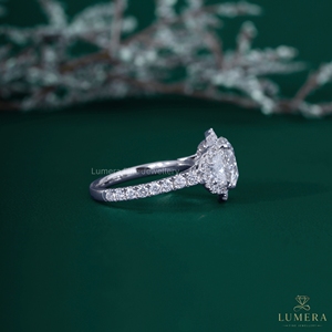 4.7CT Round Cut Lab Grown Diamond Three Stone Halo Engagement <b>Ring</b> 18K White Gold Half <b>Moon</b> Side Stones Pave Band Bridal <b>Ring</b> - Product Image 5