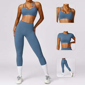 Women High Waisted Yoga Set Seamless Scrunch Butt Leggings With <b>Open</b> Back Short Sleeve Crop Top Fitness Gym Workout Sportswear - Product Image 2