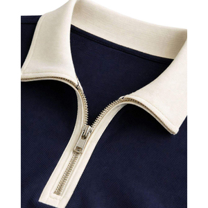 Polo de punto de manga corta azul marino para hombre con cuello cremallera y cremallera frontal, diseño casual liso, tela de algodón transpirable - Product Image 3