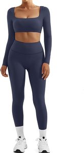 Women Seamless Yoga Set Square Neck Long <b>Sleeve</b> <b>Crop</b> <b>Top</b> High Waist Leggings Solid Color Breathable Activewear 2 Piece Set - Product Image 5