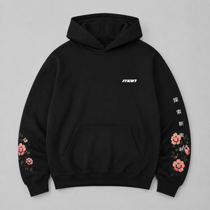 Sudadera con Capucha Negra para Hombre, Bordado Floral en las Mangas, Estilo Casual Otoñal, Corte Holgado, Tejido de Algodón - Product Image 1
