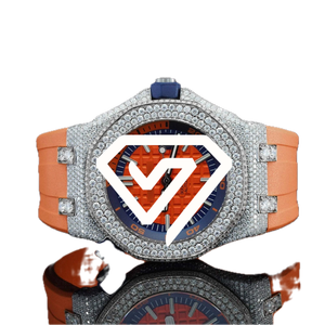 Montre automatique de sport de luxe en argent sterling 925 avec bracelet en caoutchouc orange de 41 mm et pavé complet de moissanite - Product Image 1