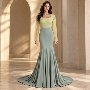 Vestido de noche formal color verde salvia amarillo, cuello cuadrado, manga corta, mangas largas transparentes |   Vestido entallado con vuelo y cola hasta el suelo - Product Image 2