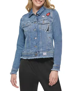 Chất lượng cao màu xanh dài denim áo khoác đau khổ Womens jean áo khoác bán buôn denim áo khoác Nhà cung cấp