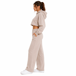 Ensemble de survêtement 2 pièces beige pour femme, sweat à capuche et pantalon long en molleton de coton uni, coupe ample, manches longues, avec poches - Product Image 4