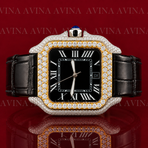 Reloj de Lujo con Diamantes Moissanite Estilo Hip Hop para Hombre |   Reloj de pulsera con correa de cuero negro y visualización de fecha con números romanos - Product Image 4