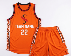 Custom Sublimation Basketball Uniform Set Men Orange Geometric Pattern Quick Dry Tank Top Shorts Sporty Style O-Neck - Product Image 1