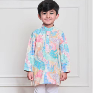 Pastel multicolor printed <b>kurti</b> with decorative lace panel and fabric buttons soft breathable fabric stylish casual wear - Product Image 1