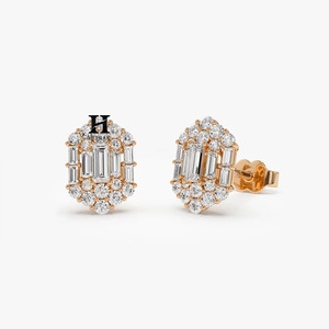 Vintage Art Deco <b>Emerald</b> Cut Diamond <b>Stud</b> Earrings Baguette & Round Lab Diamond <b>Studs</b> 14K Gold Halo Bridal Wedding Jewelry - Product Image 2