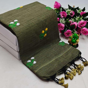 Dupatta de Algodón y Lino Premium para Mujer |   Estola Tradicional India con Bordado Floral y Borlas |   Bufanda Étnica Verde Oliva - Product Image 1