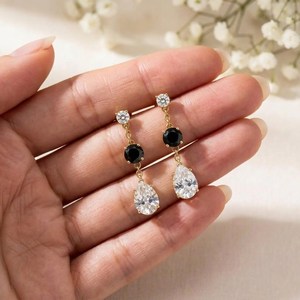 Minimalist White Topaz <b>Black</b> Obsidian <b>Earrings</b> Pear Drop CZ Accent Gemstone Dangle <b>Stud</b> <b>Earrings</b> Elegant Fine <b>Stud</b> <b>Earrings</b> - Product Image 4