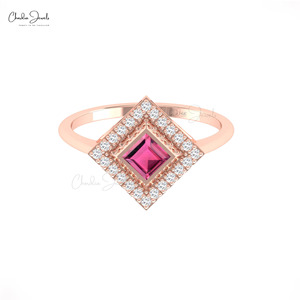 Vendeur Vérifié Bague de Mariage en Or Fin 14 carats avec Diamant et Tourmaline Rose Taille Carrée 4mm, Bague Halo, Bijoux de Mariée Personnalisés - Product Image 4