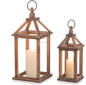 <b>Set</b> of 2 Rustic Wooden <b>Lanterns</b> Decorative Candle Holder Home Decor Wedding Table Centerpiece Indoor Outdoor Decorations - Product Image 1