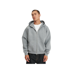Men's Oversized Hooded Zip-Up Sweatshirt Solid Color Casual Autumn Wear Gray Cotton Fleece Knitted Regular Fit - Product Image 2
