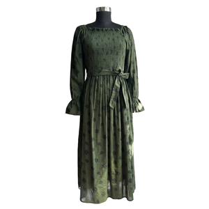Robe d'été mi-longue pour femme en coton cambre imprimé floral, col carré, manches longues avec poignets élastiques, pour soirée décontractée et usage quotidien - Product Image 1