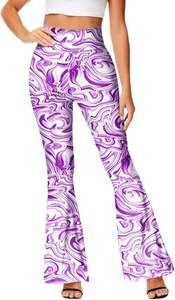 Pantalones Acampanados de Mujer con Estampado de Mármol Morado y Blanco, de Cintura Alta Elástica, Ajuste Holgado, Largos, Casuales de Verano, Tejidos en Spandex y Poliéster - Product Image 3