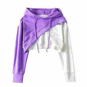 Sweat-shirt court à capuche pour femme, 100 % coton écologique, manches longues, couleur unie, tricoté, style décontracté - Product Image 4