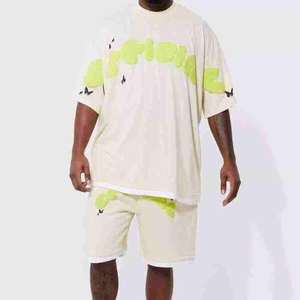 Conjunto de Camiseta y Pantalones Cortos Oversize 100% Algodón Transpirable de Dos Piezas 6x-10x con Estampado Puff Estilo Urbano Térmico - Product Image 1