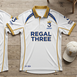 เสื้อคริกเก็ต Regal Three แบบสั่งทำพิเศษ พิมพ์ลายแบบ Sublimation ผ้าโพลีเอสเตอร์ 100% เสื้อกีฬาแขนสั้น เสื้อคริกเก็ตแขนสั้น - Product Image 1