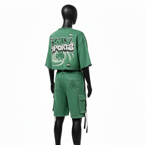 Conjunto de Top Corto y Pantalones Cortos de Algodón Premium para Mujer, con Paneles de Cinta Desgastada en las Mangas y Logotipo Personalizado con Serigrafía, 100% Algodón - Product Image 5