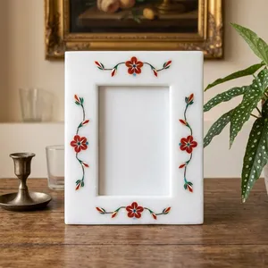 Stone Era SE-192 Luxury White Marble Photo <b>Frame</b> 8x6 Inch Carnelian Floral Handmade Decorative <b>Design</b> for Home Decor <b>Wall</b> Mount - Product Image 4