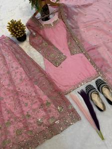 Topselling Traditional Pink Silk <b>Top</b>-Sharara Dupatta Set Pakistani Embroidery <b>Sequins</b> Work Ready Wear Diwali Wedding Wear - Product Image 1