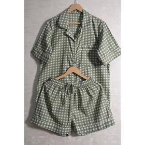 Women Green Check Short Sleeve Pajama Set Turn-Down Collar Button Fly Cotton Sleepwear Casual Spring - Product Image 6