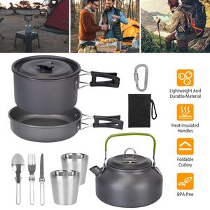Ensemble de 12 ustensiles de cuisine en aluminium pour le camping en plein air, la randonnée, les pique-niques - Comprend un réchaud, des casseroles, des poêles, une tasse, une fourchette, une cuillère, un couteau - Product Image 3