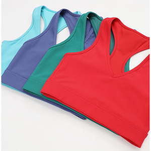 V-Neck Ribbed Sports Bra Medium Support Purple Yoga <b>Top</b> For Women - Product Image 3