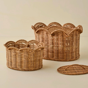 Rustic Farmhouse-Style Eco-Friendly Handmade Natural Handcrafted Multipurpose Rattan Scallop <b>Basket</b> Set <b>With</b> <b>Lid</b> - Product Image 3