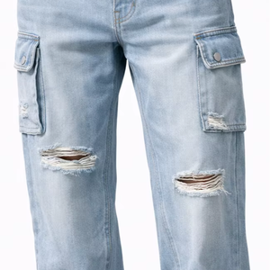 Pantalones Vaqueros Cargo para Hombre, Color Azul Claro, a Rayas, Impermeables, con Cintura Ajustada, Estilo Desgastado, con Múltiples Bolsillos, Casuales - Product Image 1