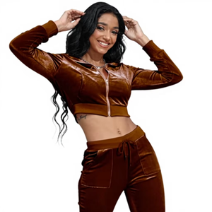 Nouvel arrivage : Survêtement en velours personnalisé pour femme – Ensemble 2 pièces avec veste zippée et pantalon en velours – Vêtements pour femme - Product Image 1
