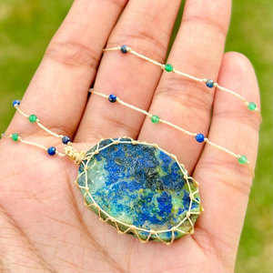 Handcrafted Macrame Azurite Malachite Necklace Blue Green Stone Pendant <b>Beaded</b> Boho Jewelry for Women - Product Image 2